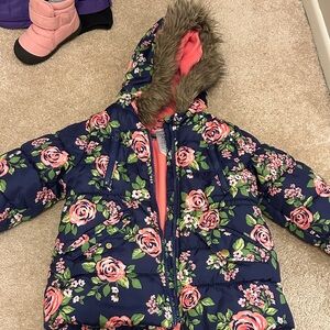 Carter's Navy Floral Puffer Jacket with Faux Fur Hood